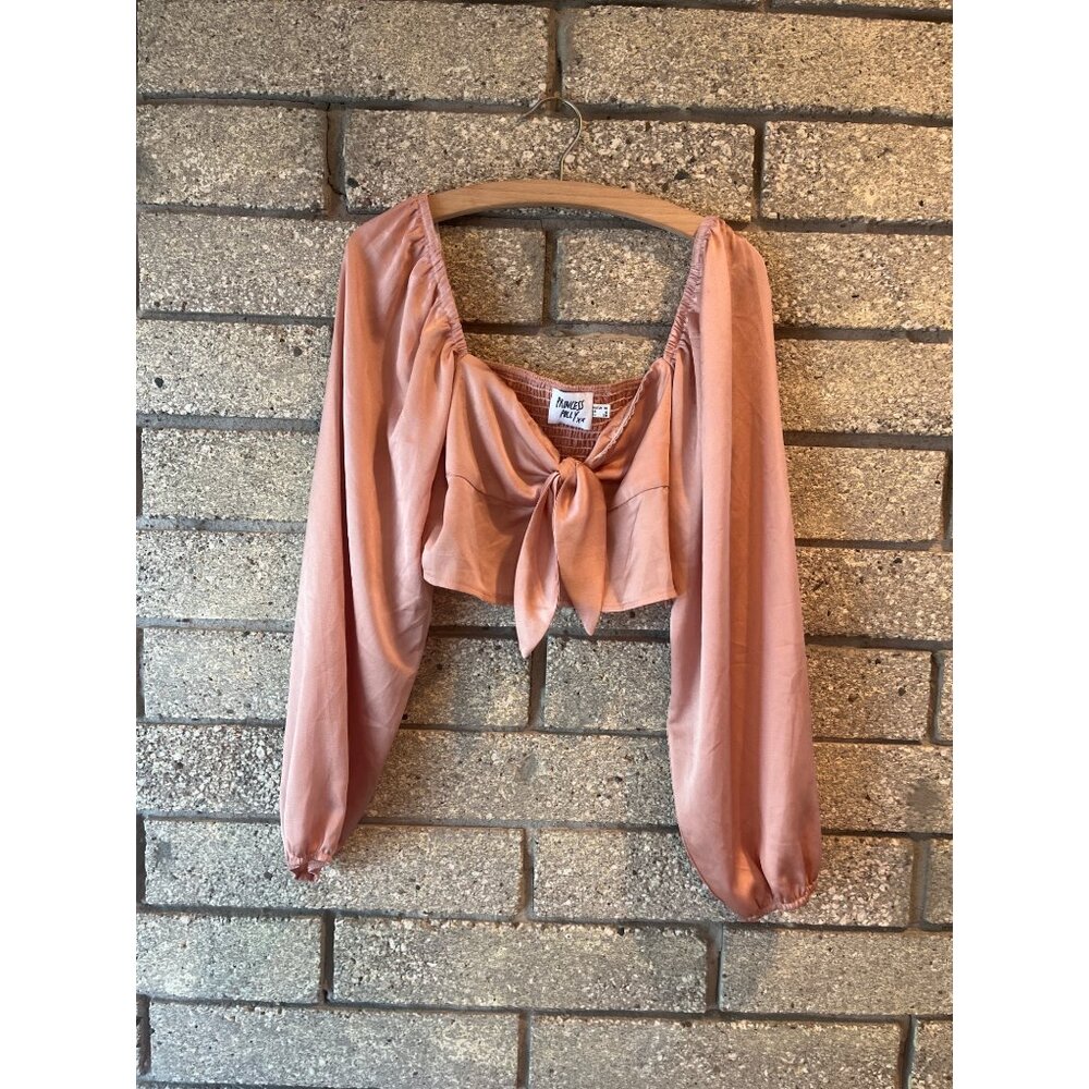 Princess Polly Mauve Long Sleeve Smocked Tie-Front Crop Top Size 6 AU/UK 10